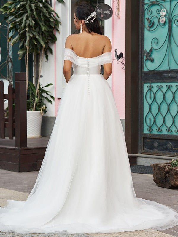 Sweep/Brush Sleeveless Off-the-Shoulder Ruffles A-Line/Princess Tulle Train Wedding Dresses