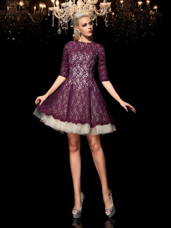 A-Line/Princess Marissa Sheer Neck Lace 1/2 Sleeves Short Lace Cocktail Homecoming Dresses Dresses