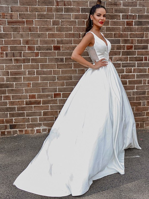 A-Line/Princess V-neck Sleeveless Beading Satin Court Train Wedding Dresses