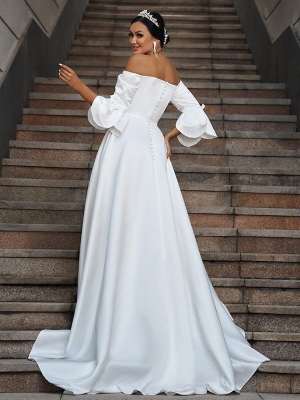 Charmeuse Off-the-Shoulder Ruffles A-Line/Princess 3/4 Sweep/Brush Sleeves Train Wedding Dresses