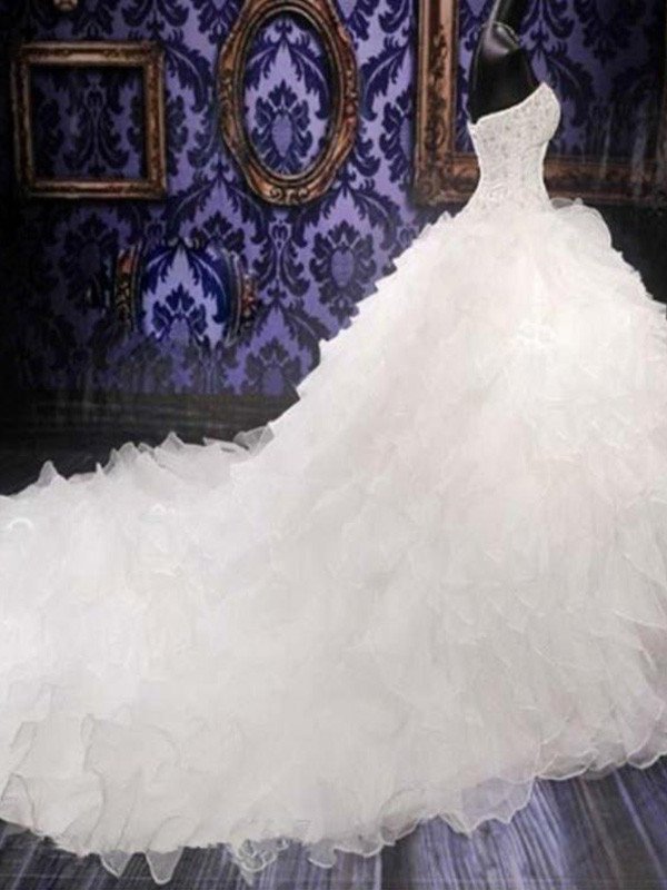 Train Sequin Chapel Sleeveless Ball Beading Sweetheart Gown Organza Wedding Dresses