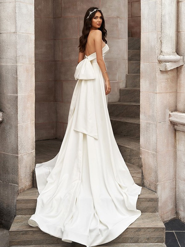 Satin Ruched Strapless Sleeveless Court Sheath/Column Train Wedding Dresses