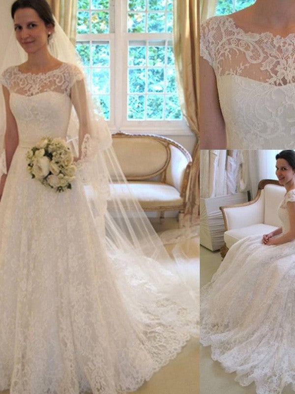 Sleeves Square Train Applique Sash/Ribbon/Belt A-Line/Princess Court Short Lace Wedding Dresses