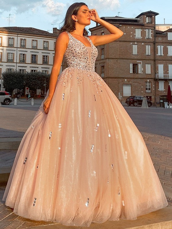 Gown V-neck Ball Beading Tulle Sleeveless Floor-Length Dresses