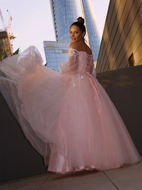 Gown Flower Sleeves Hand-Made Ball Long Tulle Off-the-Shoulder Floor-Length Dresses