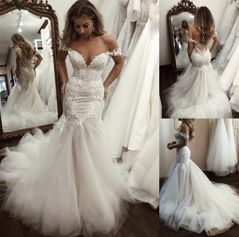 Sweep/Brush Trumpet/Mermaid Tulle Sleeveless Off-the-Shoulder Applique Train Wedding Dresses