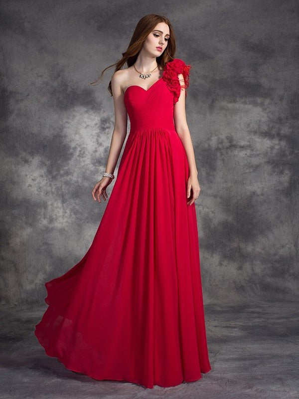 A-line/Princess Hand-Made Flower Sleeveless One-Shoulder Long Chiffon Dresses