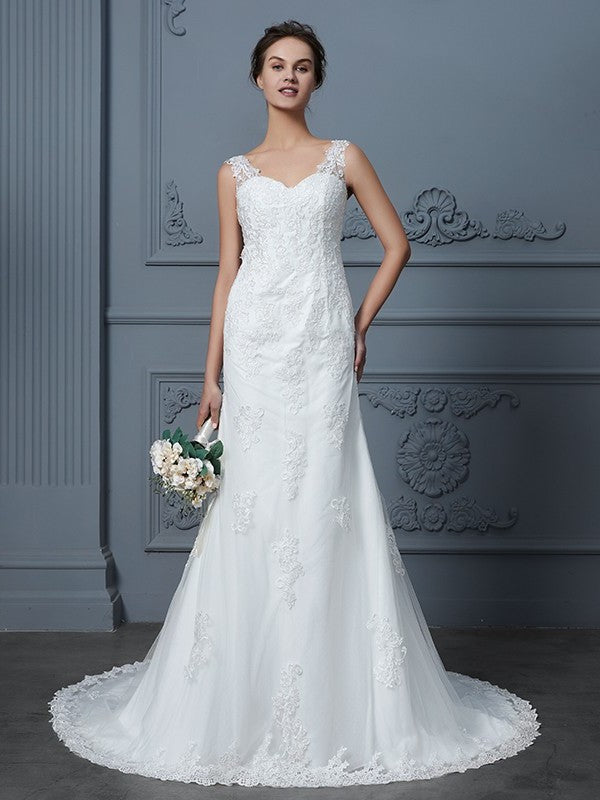 Lace Court Trumpet/Mermaid Sleeveless V-neck Train Tulle Wedding Dresses