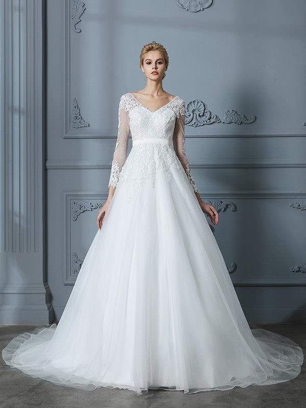 Ball V-neck Court Sleeves Long Train Lace Gown Tulle Wedding Dresses