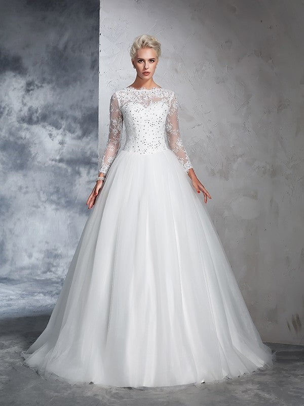 Ball Sleeves Long Bateau Gown Lace Long Net Wedding Dresses