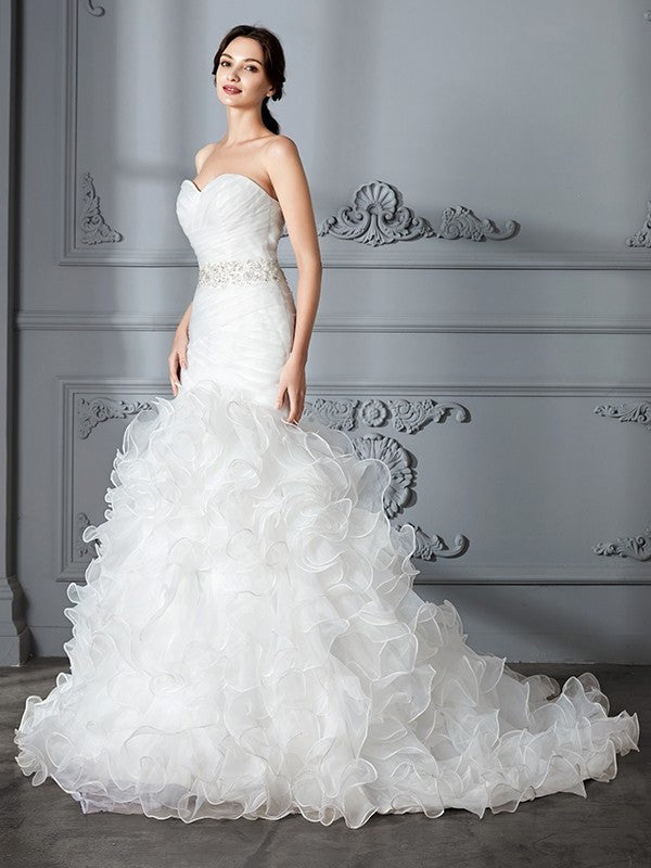 Trumpet/Mermaid Sweep/Brush Ruffle Train Sweetheart Sleeveless Satin Wedding Dresses