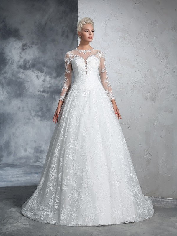 Ball Gown Lace Long Jewel Sleeves Long Lace Wedding Dresses