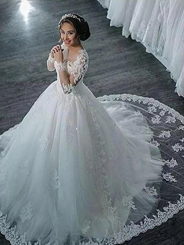 Gown Tulle Court Applique Sleeves Ball Long Scoop Train Wedding Dresses