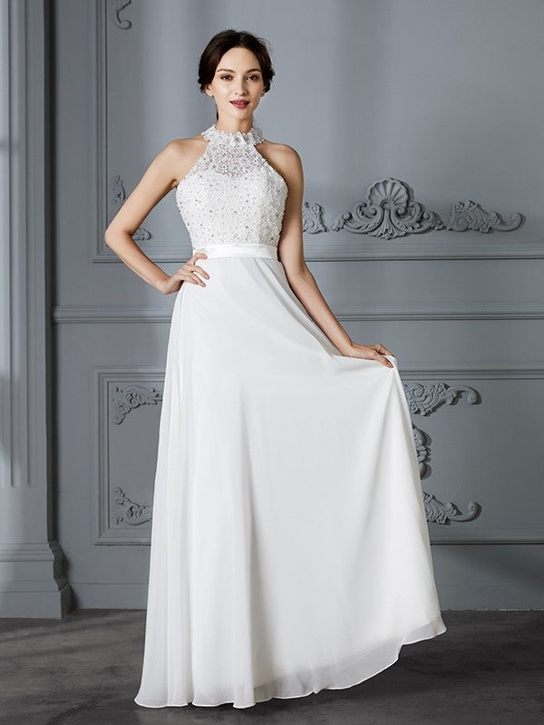 Scoop Sleeveless A-Line/Princess Floor-Length Chiffon Wedding Dresses