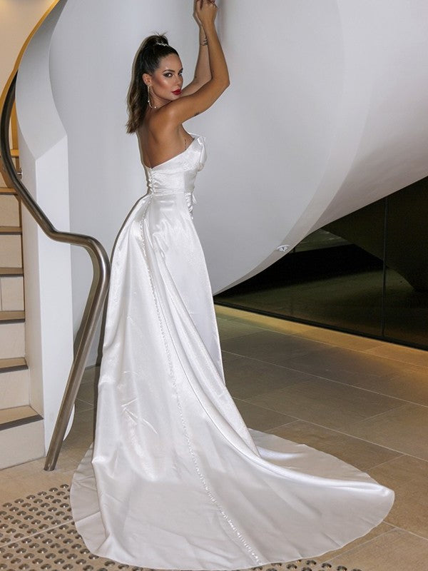 A-Line/Princess Sleeveless Strapless Ruched Court Satin Train Wedding Dresses