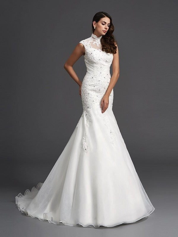 Neck Beading Trumpet/Mermaid Long Sleeveless High Organza Wedding Dresses