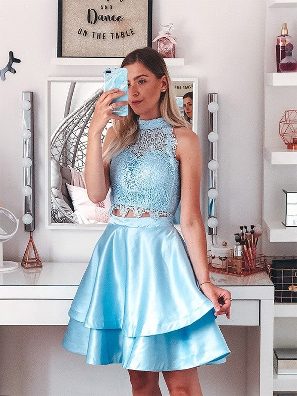 Short/Mini A-Line/Princess Lace Satin Two Halter Sleeveless Piece Homecoming Dresses