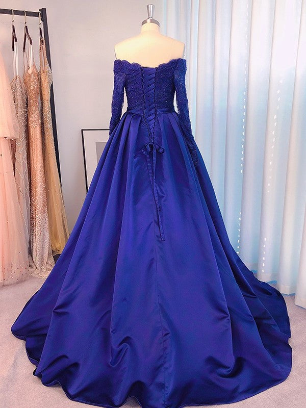 Ball Gown Long Off-the-Shoulder Satin Sleeves Beading Sweep/Brush Train Dresses