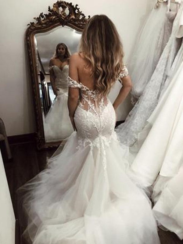 Sweep/Brush Trumpet/Mermaid Tulle Sleeveless Off-the-Shoulder Applique Train Wedding Dresses