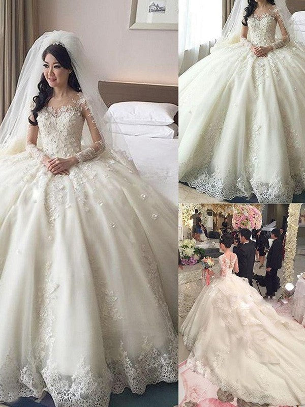 Applique Ball Lace Long Cathedral Scoop Gown Sleeves Train Tulle Wedding Dresses