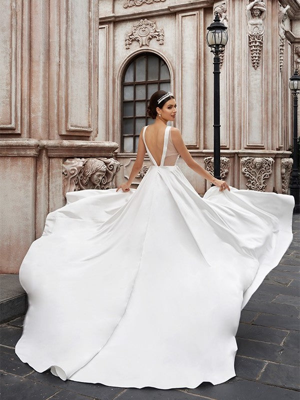 A-Line/Princess Ruffles Sleeveless Satin Scoop Sweep/Brush Train Wedding Dresses