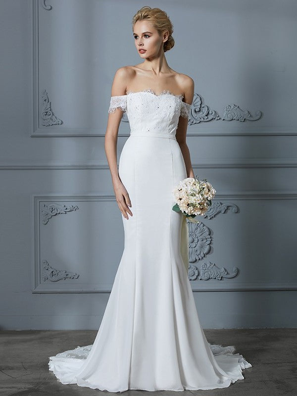 Sweep/Brush Lace Sleeveless Chiffon Off-the-Shoulder Trumpet/Mermaid Train Wedding Dresses