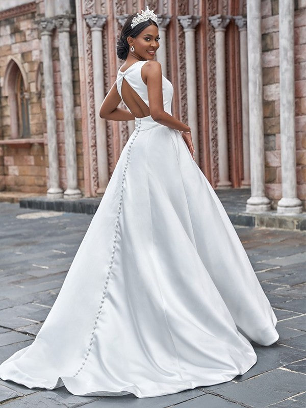 Sleeveless A-Line/Princess Bateau Satin Sweep/Brush Ruffles Train Wedding Dresses