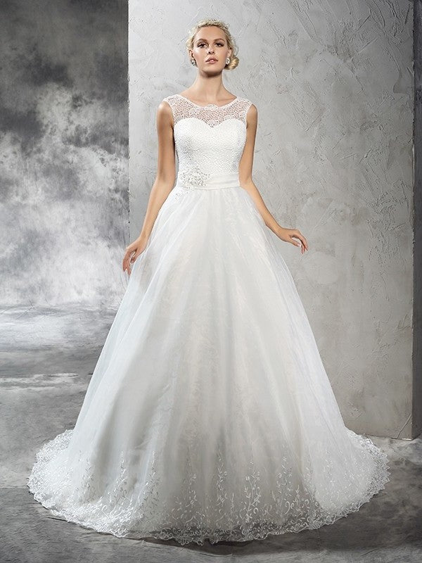 Gown Neck Ball Sleeveless Sash/Ribbon/Belt Long Sheer Net Wedding Dresses