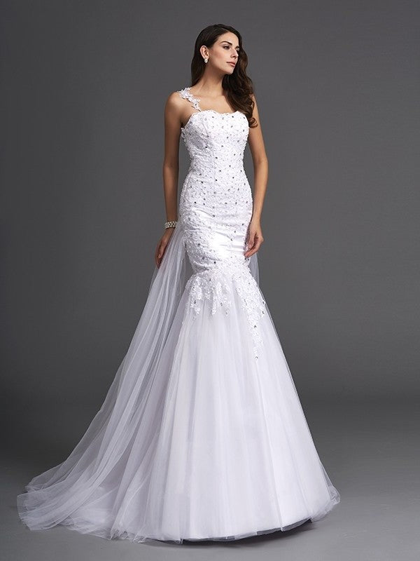 Trumpet/Mermaid Beading Straps Long Sleeveless Net Wedding Dresses