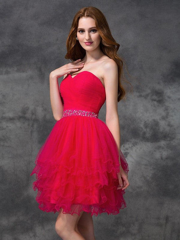 A-line/Princess Sweetheart Homecoming Dresses Beading Sleeveless Athena Short Satin Cocktail Dresses