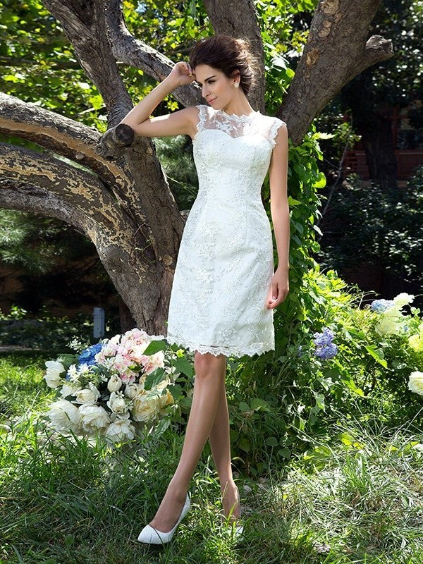 Sleeveless Applique A-Line/Princess Short Neck Sheer Satin Wedding Dresses