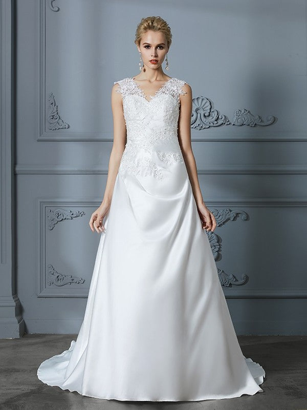 A-Line/Princess V-neck Sleeveless Sweep/Brush Applique Train Satin Wedding Dresses