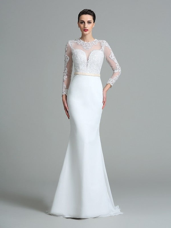 Lace Trumpet/Mermaid Long Sleeves Jewel Long Satin Wedding Dresses