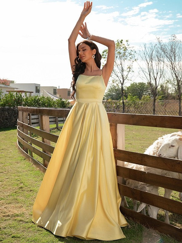 Spaghetti Ruffles Sleeveless Satin A-Line/Princess Straps Sweep/Brush Train Dresses