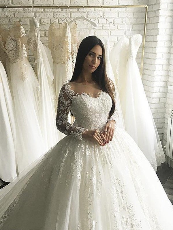 Long Sleeves Tulle Court Scoop Ball Applique Gown Train Wedding Dresses