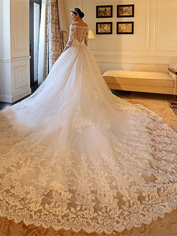 Applique 3/4 Sleeves Train Off-the-Shoulder Beading Cathedral Ball Gown Tulle Wedding Dresses