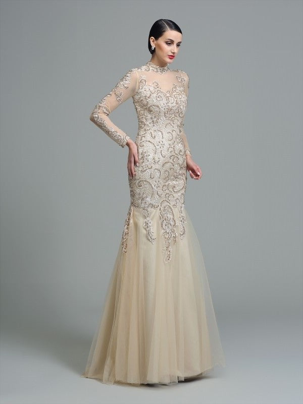 Sleeves Long High Sheath/Column Applique Neck Long Net Dresses