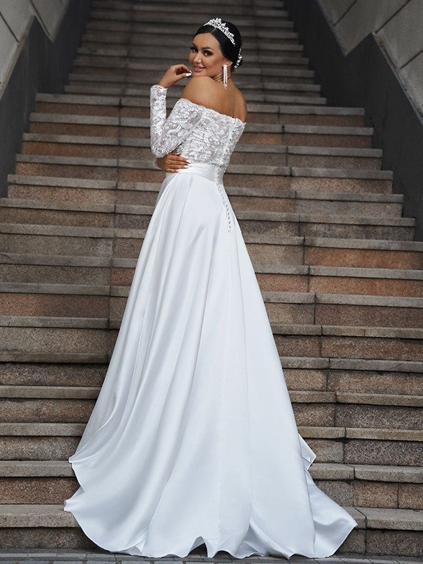 Long Satin Lace Sweep/Brush A-Line/Princess Off-the-Shoulder Sleeves Train Wedding Dresses