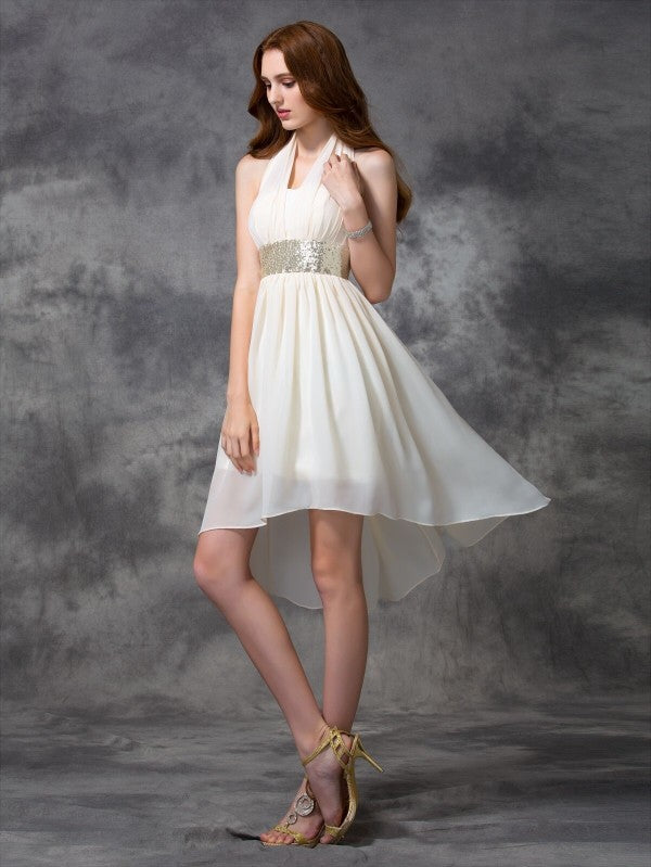 Destiny A-line/Princess Halter Sequin Sleeveless High Low Homecoming Dresses Chiffon Cocktail Dresses