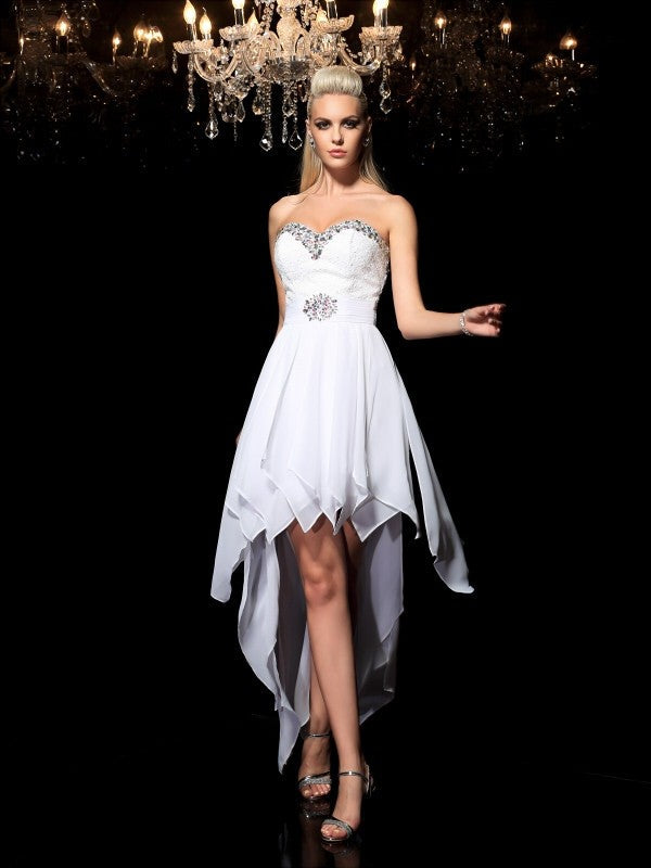 A-Line/Princess Cocktail Caroline Chiffon Homecoming Dresses Sweetheart Beading Sleeveless High Low Dresses