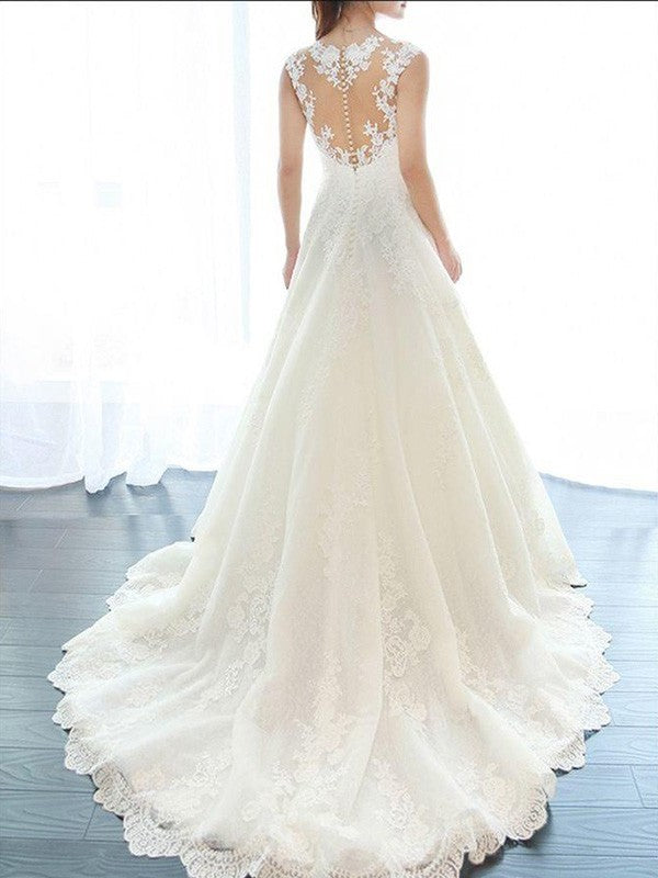 A-Line/Princess Court Train Sleeveless Applique V-neck Lace Wedding Dresses