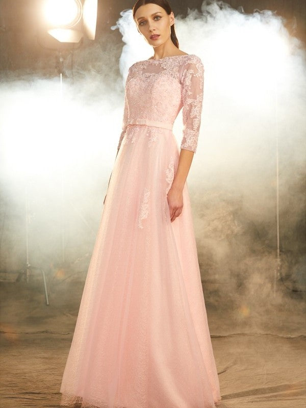 Floor-Length 1/2 A-Line/Princess Sleeves Bateau Applique Tulle Dresses