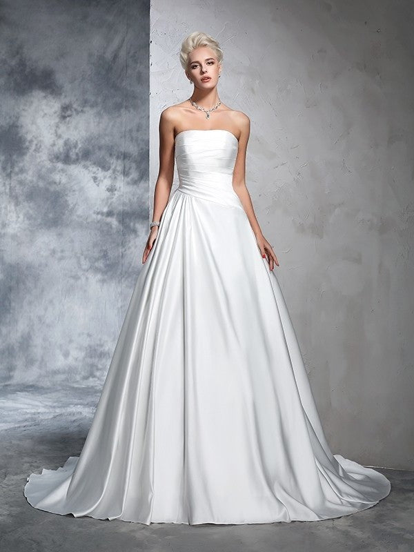 Sleeveless Ball Ruched Long Gown Strapless Satin Wedding Dresses