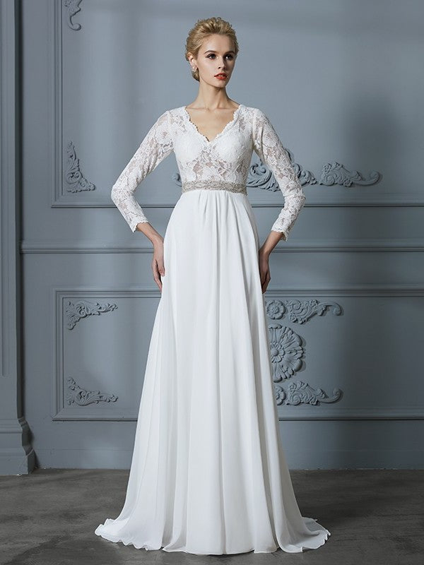 Lace V-neck Sweep/Brush A-Line/Princess Train Sleeves 3/4 Chiffon Wedding Dresses