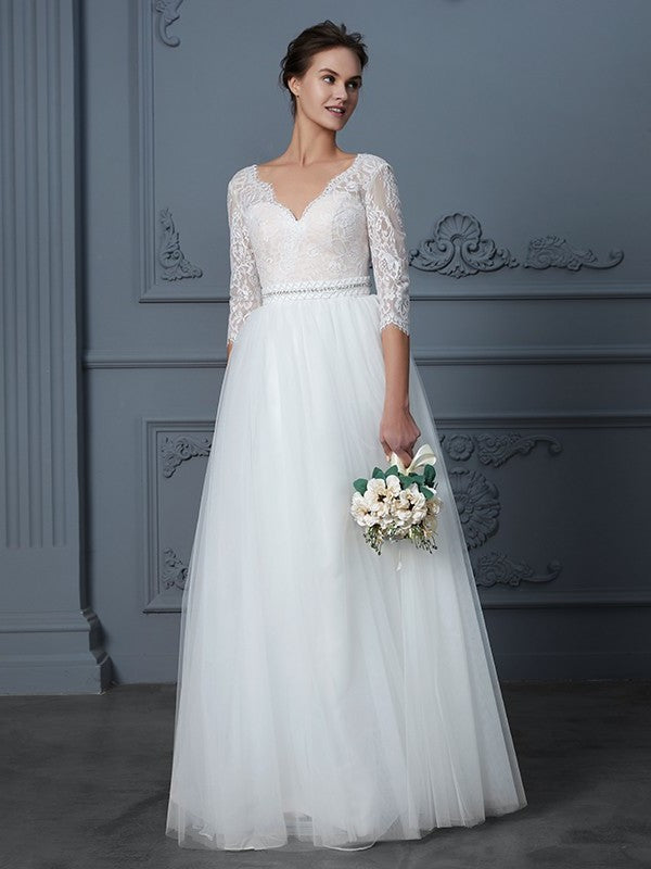 3/4 Lace V-neck Floor-Length A-Line/Princess Sleeves Tulle Wedding Dresses