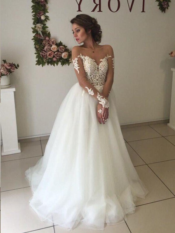 A-Line/Princess Long Tulle Off-the-Shoulder Sweep/Brush Train Sleeves Wedding Dresses