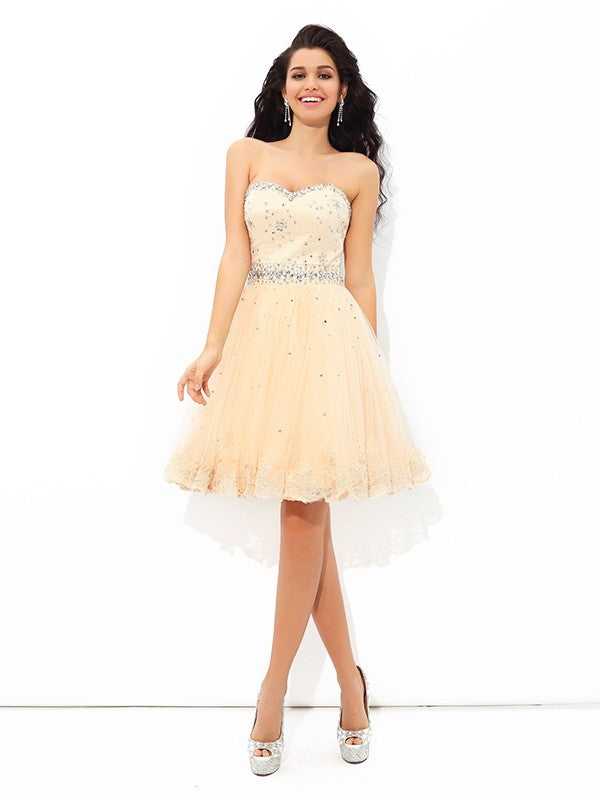 A-Line/Princess Sweetheart Beading Sleeveless Short Dresses Satin Kiera Homecoming Dresses Cocktail