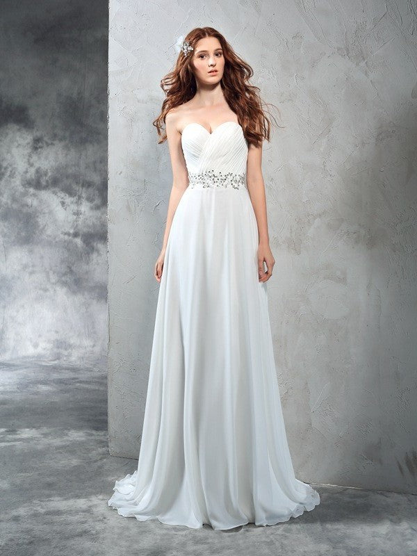 Pleats Sleeveless Sweetheart Long A-Line/Princess Chiffon Wedding Dresses