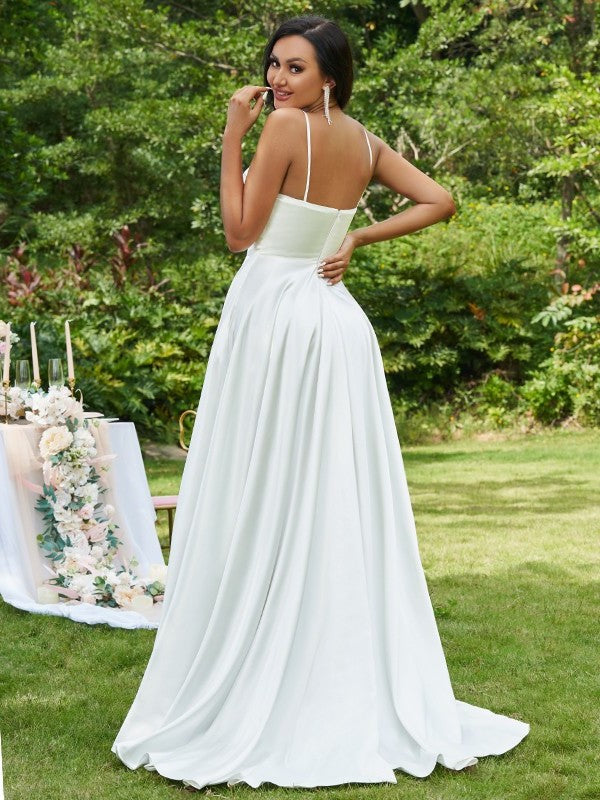 Straps Ruffles Satin A-Line/Princess Spaghetti Sleeveless Sweep/Brush Train Wedding Dresses