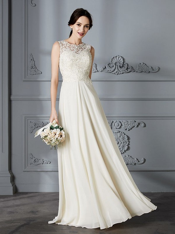 Scoop A-Line/Princess Chiffon Sleeveless Floor-Length Wedding Dresses